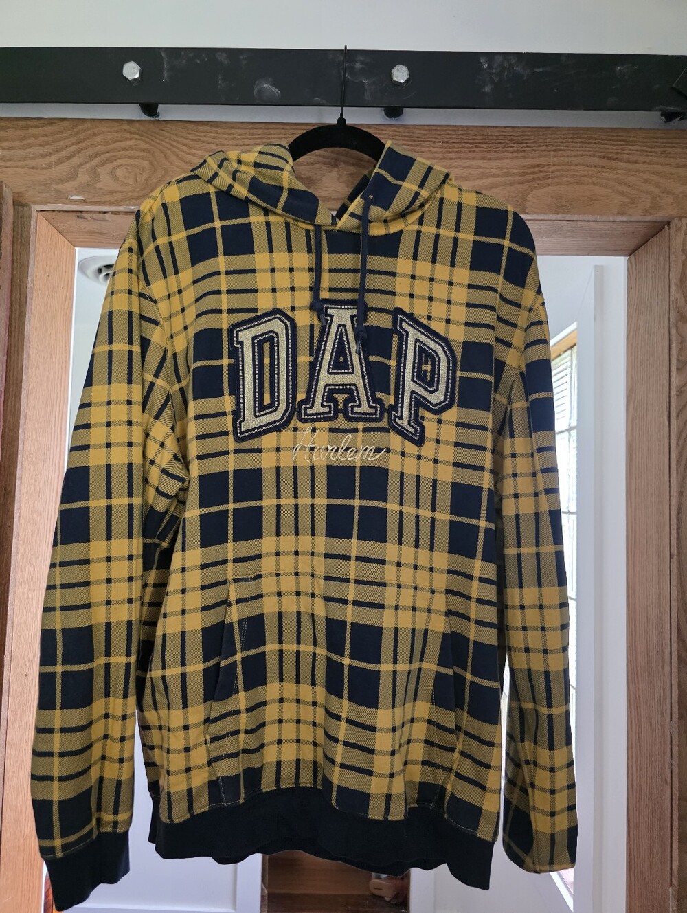 DAP Plaid Yellow & Navy Hooded Sweatshirt.
